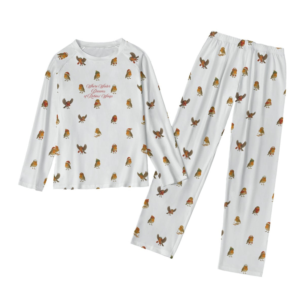 Damen Pyjama „Where Winter Dreams of Robins’ Wings“ – Langarm Schlafanzug mit Rotkehlchen