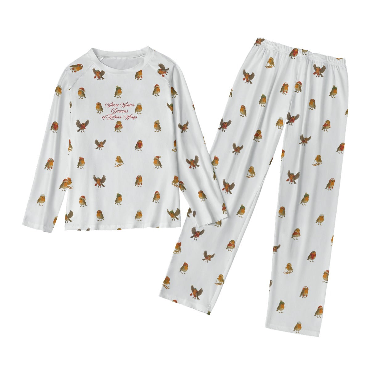 Damen Pyjama „Where Winter Dreams of Robins’ Wings“ – Langarm Schlafanzug mit Rotkehlchen