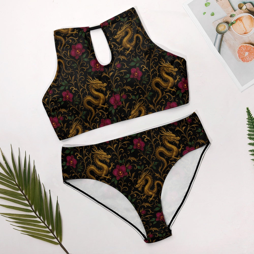Eleganter Drachen-Bikini in Schwarz & Gold | Halterneck Zweiteiler mit Orchideen-Design | Luxuriöse Bademode