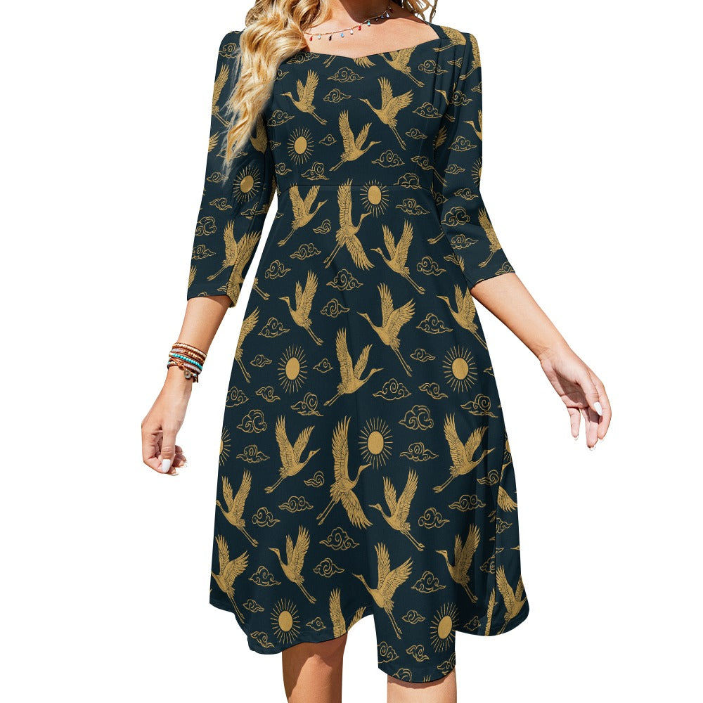 Kleid mit goldenen Kranichen | Dunkelblaues Sweetheart Knot Kleid | Elegant & figurschmeichelnd | Geschenkidee Damen