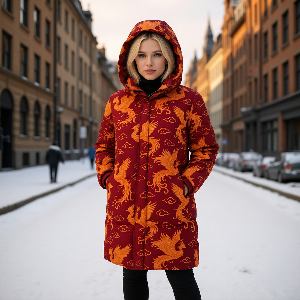 Bordeauxroter Daunenmantel mit Phönix-Muster | Warmer Wintermantel Damen | Leichte Daunenjacke Lang