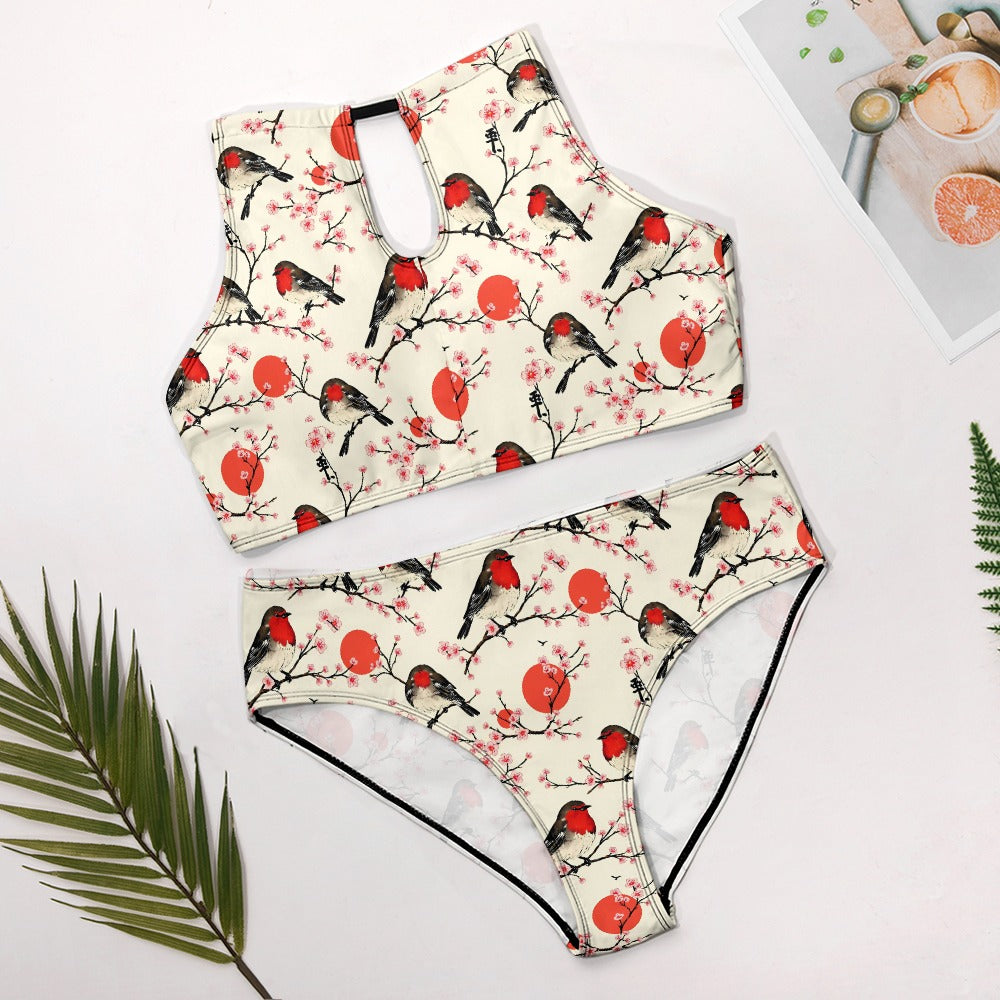 Bikini „Red Robin Blossom“ – Damen Badeanzug im Vogel- und Kirschblüten-Design