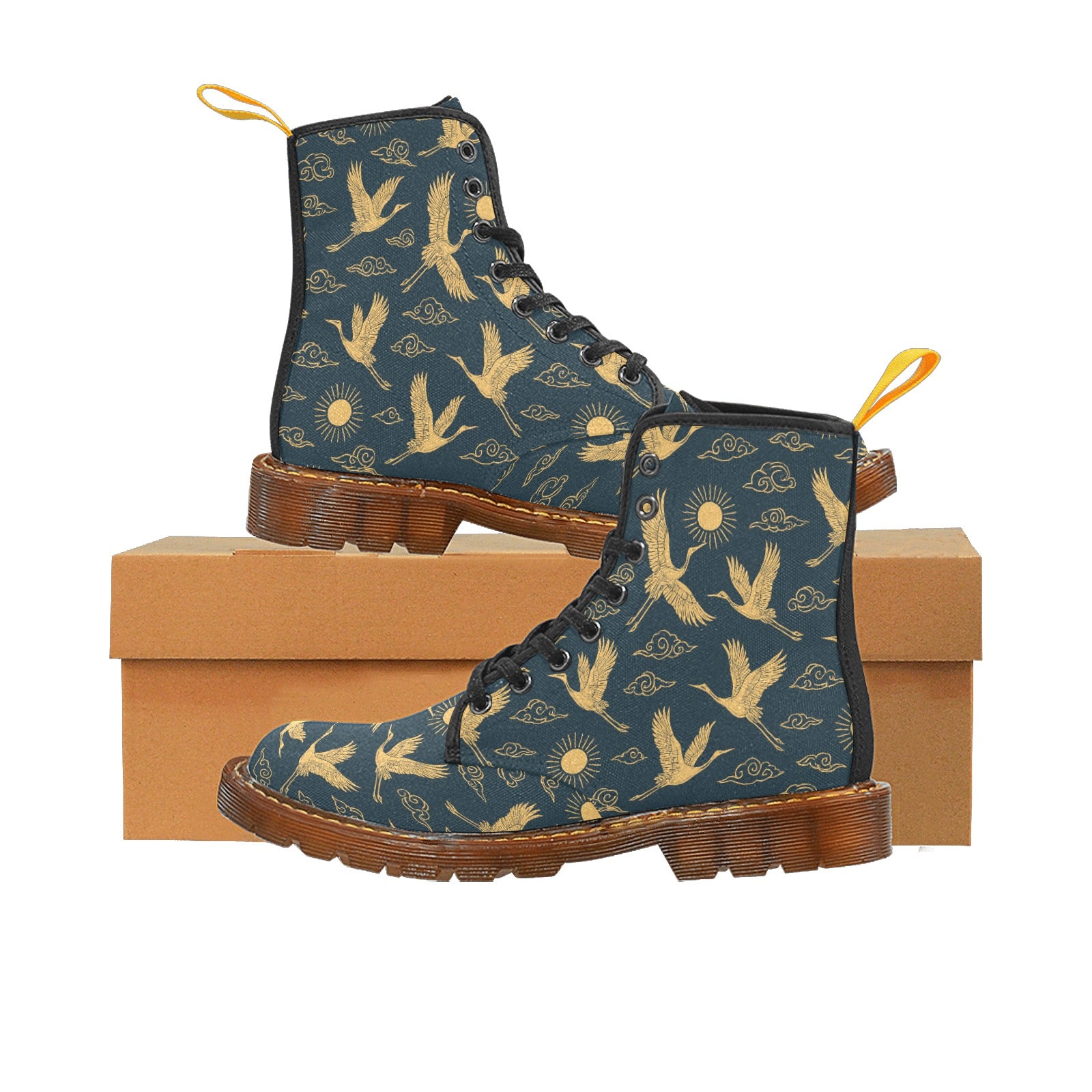 Damen Boots mit goldenem Kranich-Design – Winter Canvas Lace-Up Stiefel