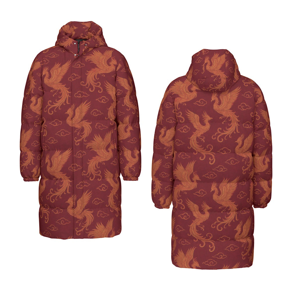 Bordeauxroter Daunenmantel mit Phönix-Muster | Warmer Wintermantel Damen | Leichte Daunenjacke Lang