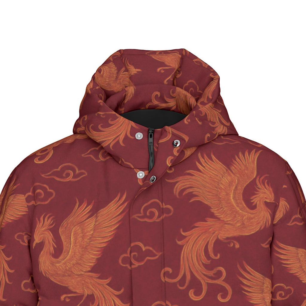 Bordeauxroter Daunenmantel mit Phönix-Muster | Warmer Wintermantel Damen | Leichte Daunenjacke Lang