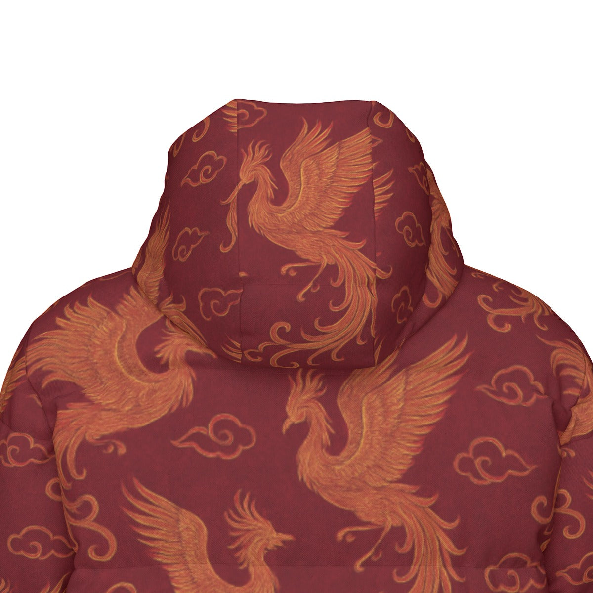 Bordeauxroter Daunenmantel mit Phönix-Muster | Warmer Wintermantel Damen | Leichte Daunenjacke Lang