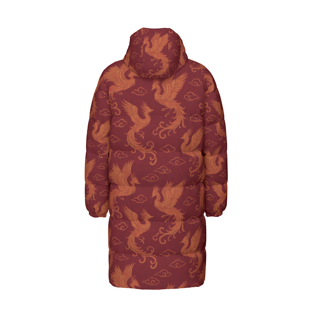 Bordeauxroter Daunenmantel mit Phönix-Muster | Warmer Wintermantel Damen | Leichte Daunenjacke Lang
