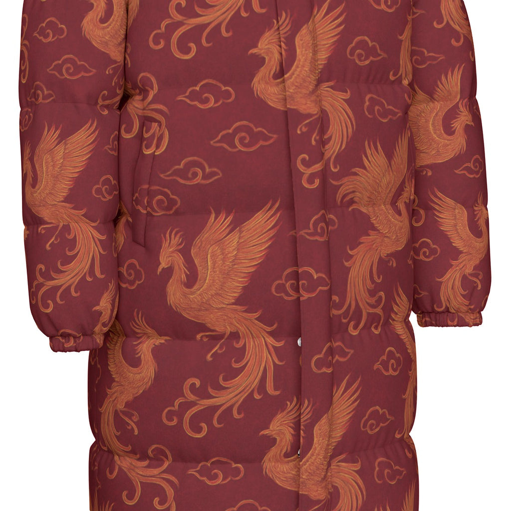 Bordeauxroter Daunenmantel mit Phönix-Muster | Warmer Wintermantel Damen | Leichte Daunenjacke Lang
