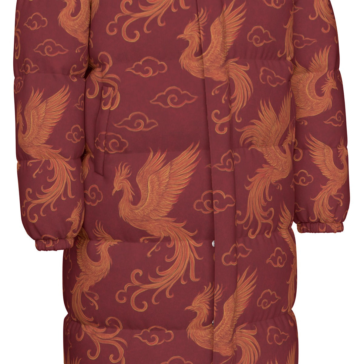 Bordeauxroter Daunenmantel mit Phönix-Muster | Warmer Wintermantel Damen | Leichte Daunenjacke Lang