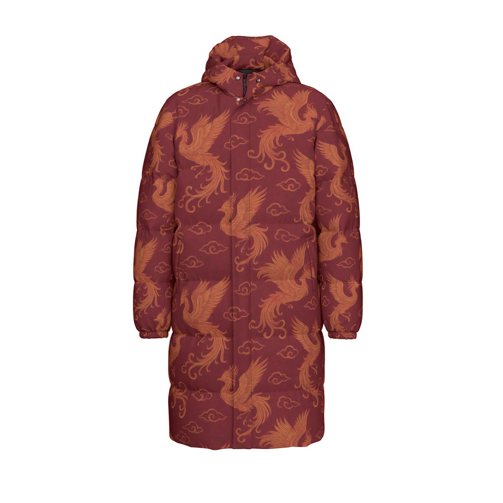 Bordeauxroter Daunenmantel mit Phönix-Muster | Warmer Wintermantel Damen | Leichte Daunenjacke Lang