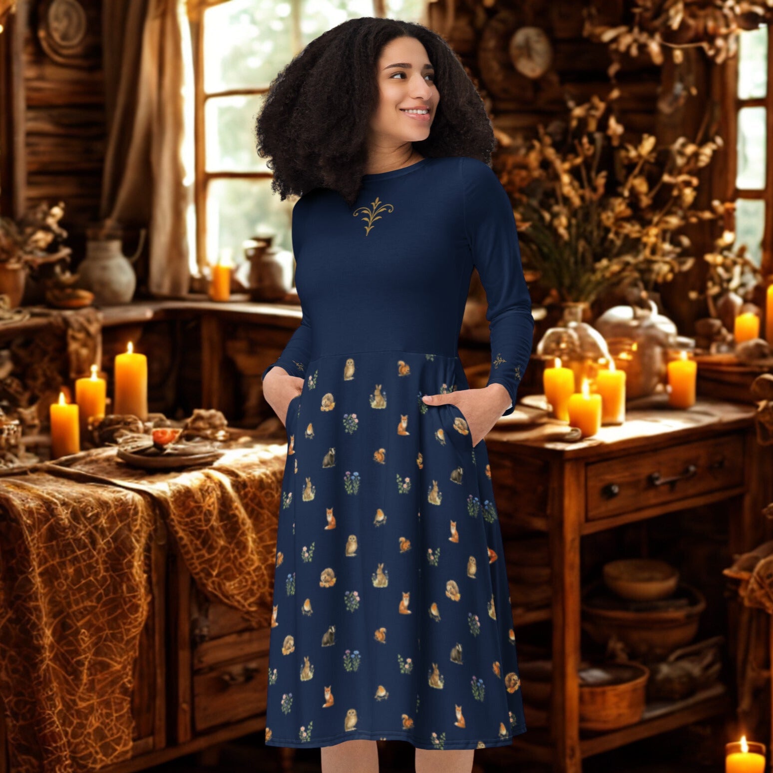 Cottagecore Midi Kleid mit Waldtieren – Wrendale Stil, navyblau, vintage inspiriert