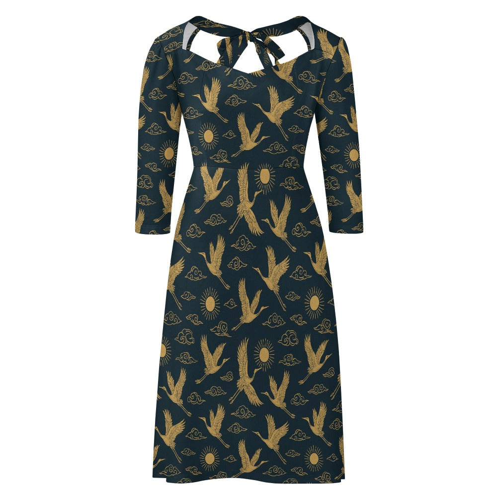 Kleid mit goldenen Kranichen | Dunkelblaues Sweetheart Knot Kleid | Elegant & figurschmeichelnd | Geschenkidee Damen