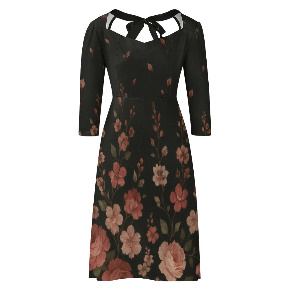 Schwarzes Blumen-Kleid mit Schleife | Sweetheart Knot Flare Dress mit 3/4-Ärmeln – Elegant & Feminin für Alltag, Büro & besondere Anlässe