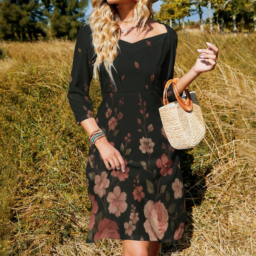 Schwarzes Blumen-Kleid mit Schleife | Sweetheart Knot Flare Dress mit 3/4-Ärmeln – Elegant & Feminin für Alltag, Büro & besondere Anlässe