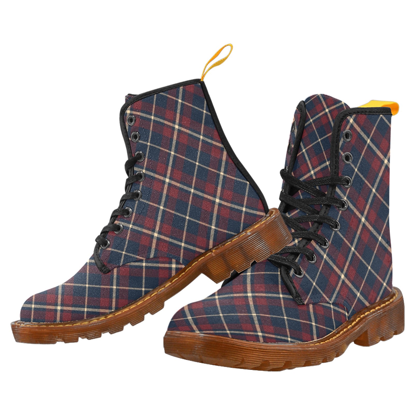 Damen Boots mit dunkelblau-bordeaux-creme Tartan | Winter Canvas Lace Up Boots | Klassische karierte Stiefeletten
