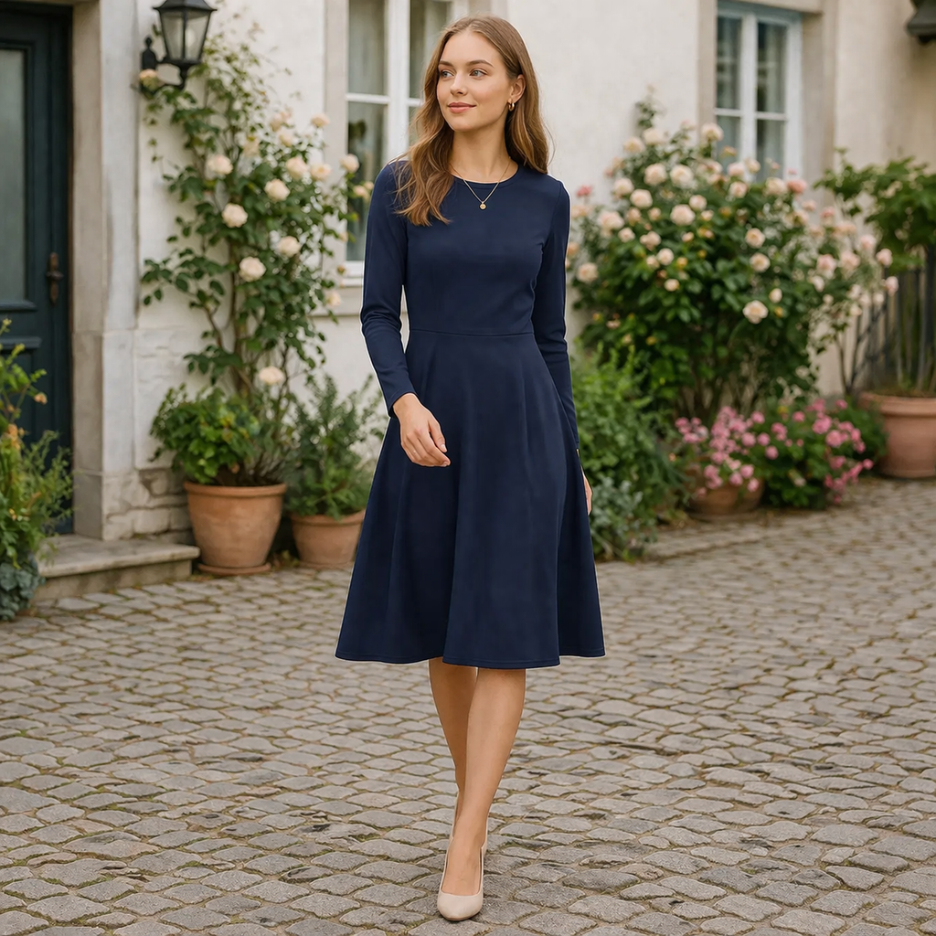 Navy Midikleid mit langen Ärmeln – Elegantes Damenkleid in Dunkelblau, tailliert, zeitloses Kleid mit Taschen