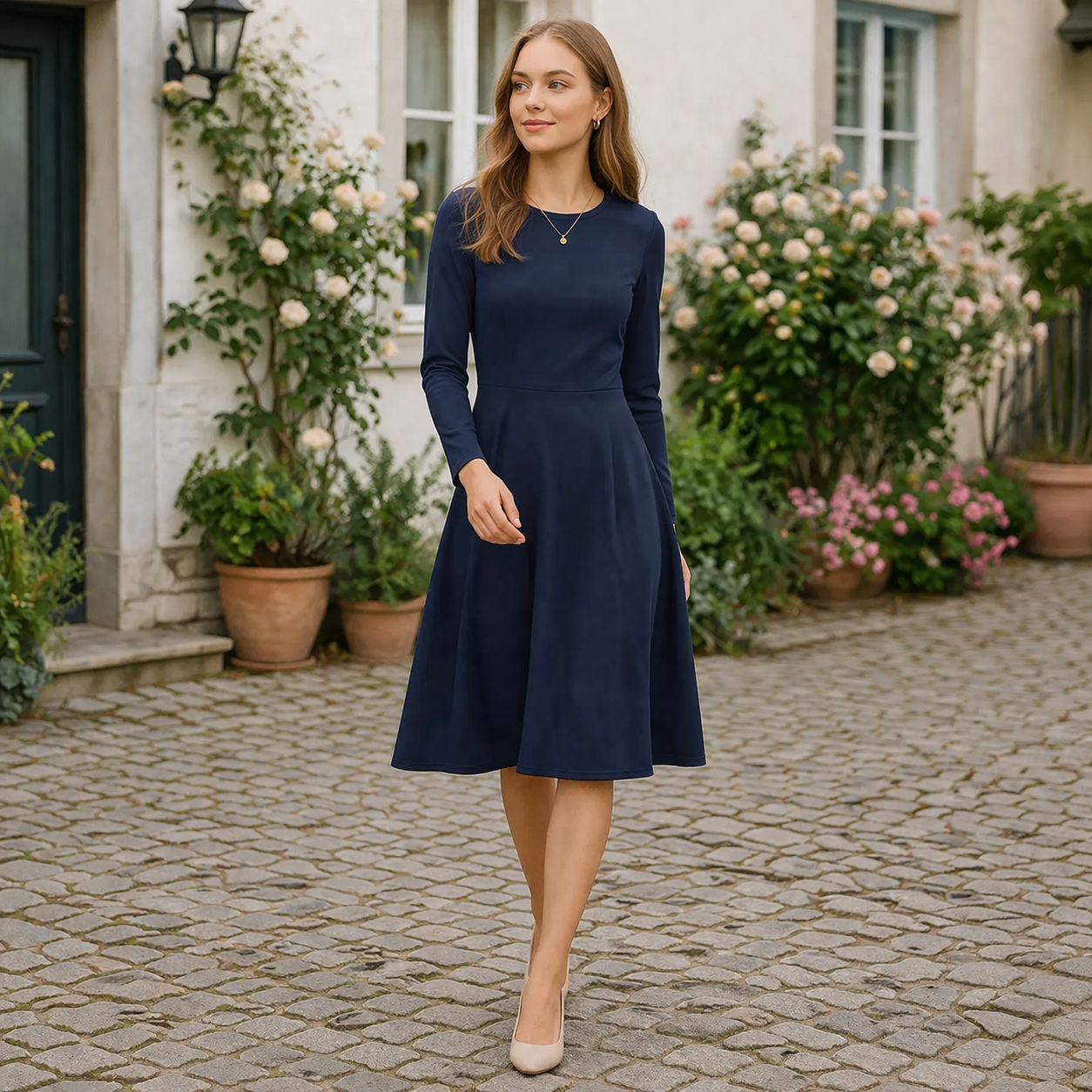 Navy Midikleid mit langen Ärmeln – Elegantes Damenkleid in Dunkelblau, tailliert, zeitloses Kleid mit Taschen