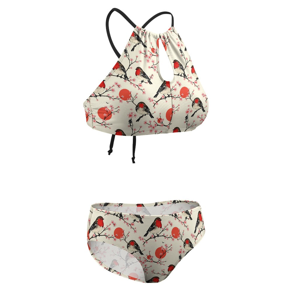 Bikini „Red Robin Blossom“ – Damen Badeanzug im Vogel- und Kirschblüten-Design