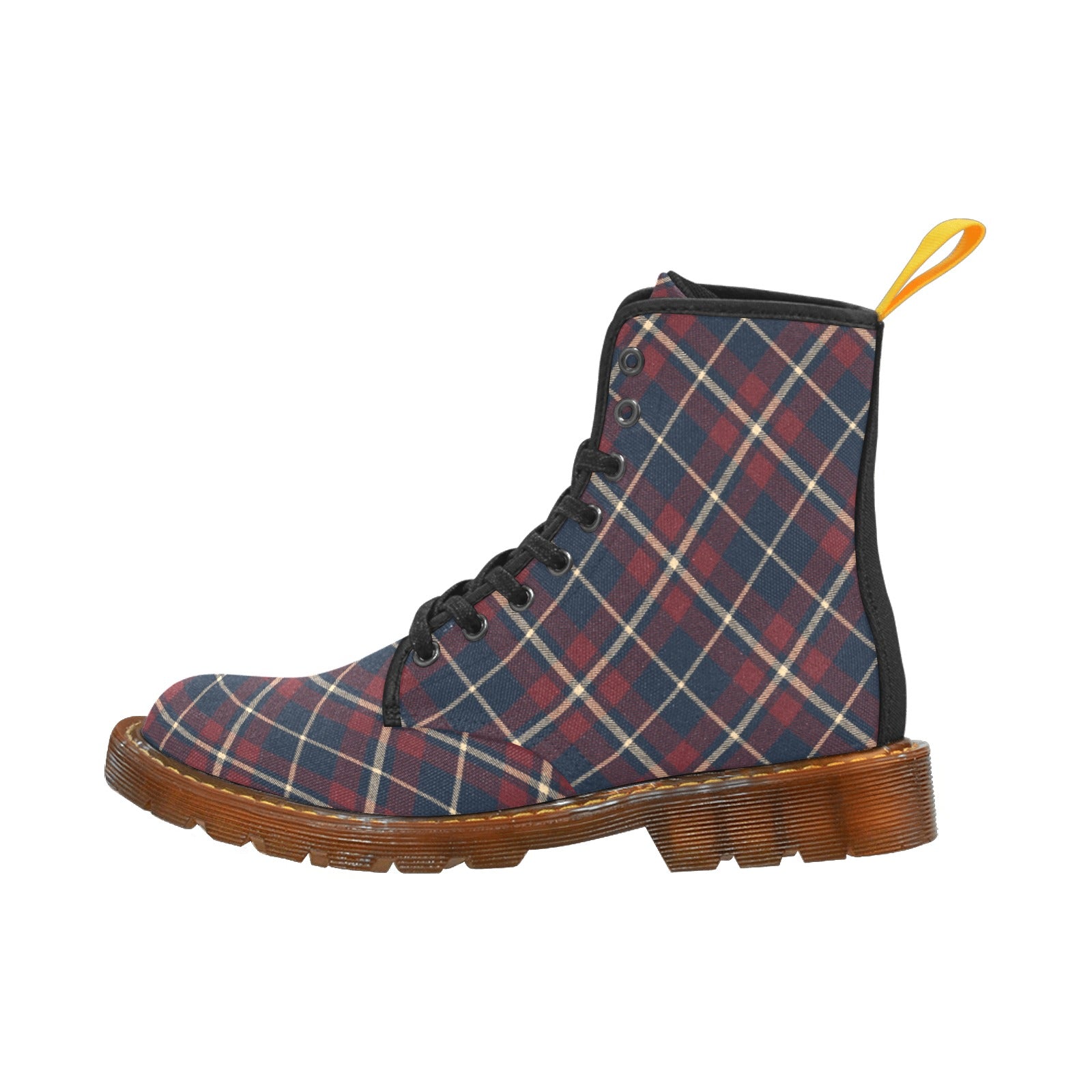 Damen Boots mit dunkelblau-bordeaux-creme Tartan | Winter Canvas Lace Up Boots | Klassische karierte Stiefeletten