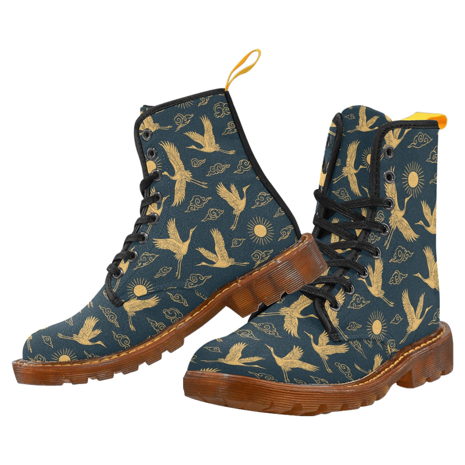 Damen Boots mit goldenem Kranich-Design – Winter Canvas Lace-Up Stiefel