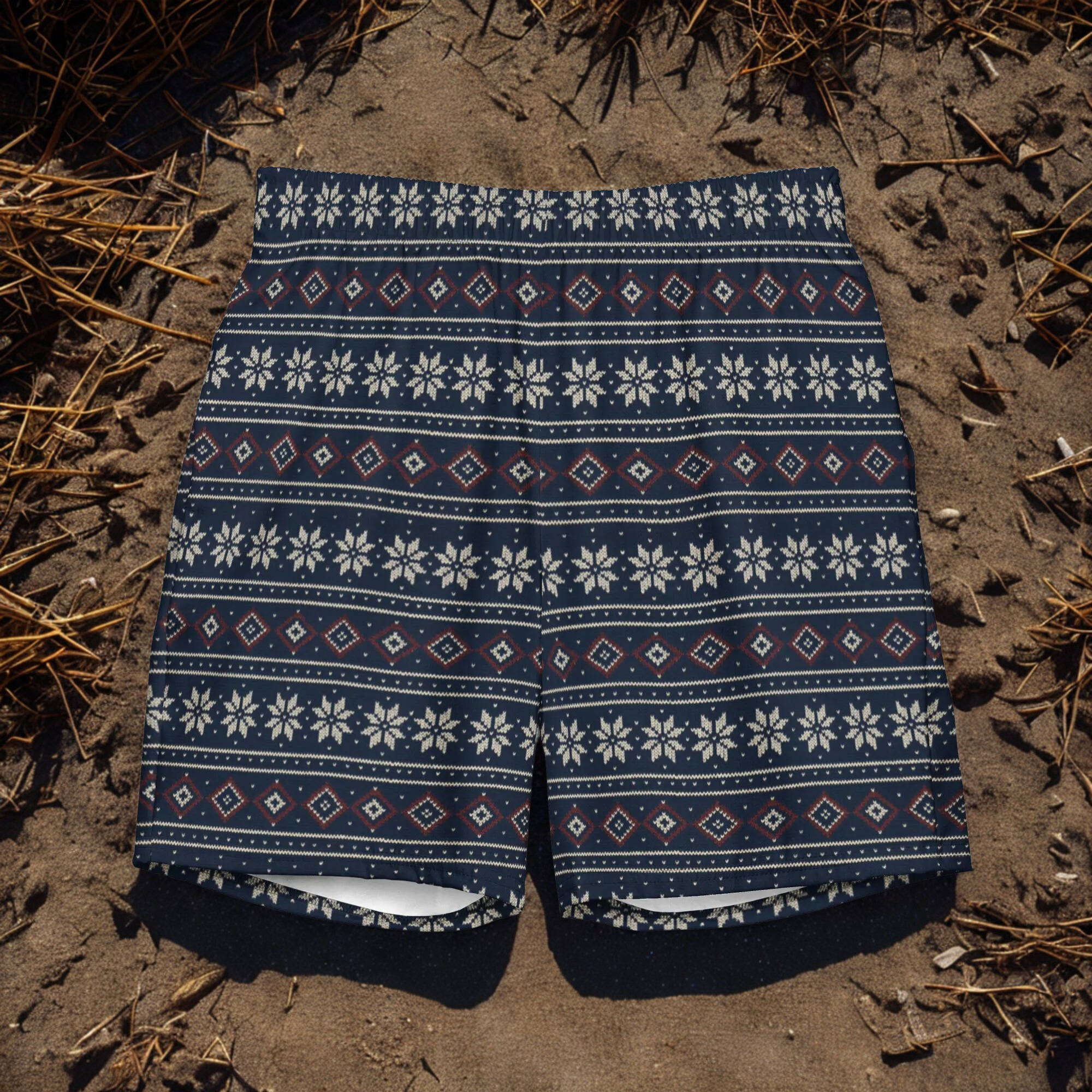 Badeshorts mit skandinavischem Strickmuster – Herren Swim Shorts mit Allover-Druck & recyceltem Stoff