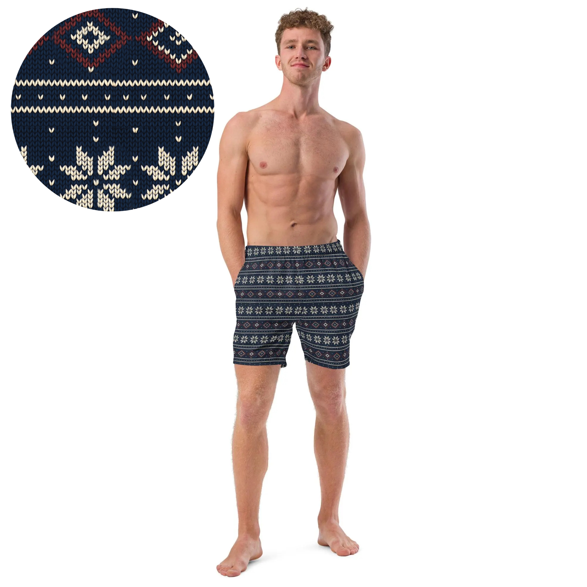 Badeshorts mit skandinavischem Strickmuster – Herren Swim Shorts mit Allover-Druck & recyceltem Stoff