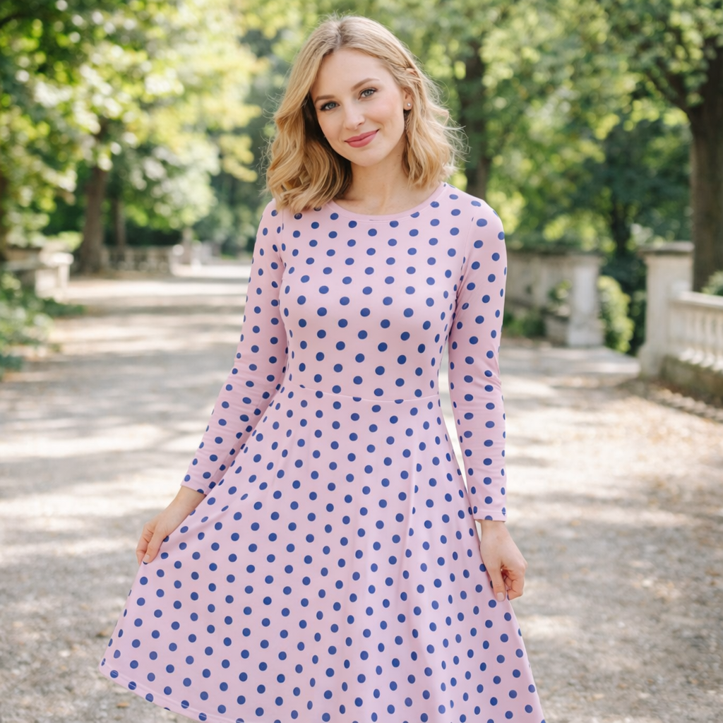 Midi Kleid mit kobaltblauen Polka Dots auf Roségrund | Verspieltes Retro Langarmkleid mit Taschen