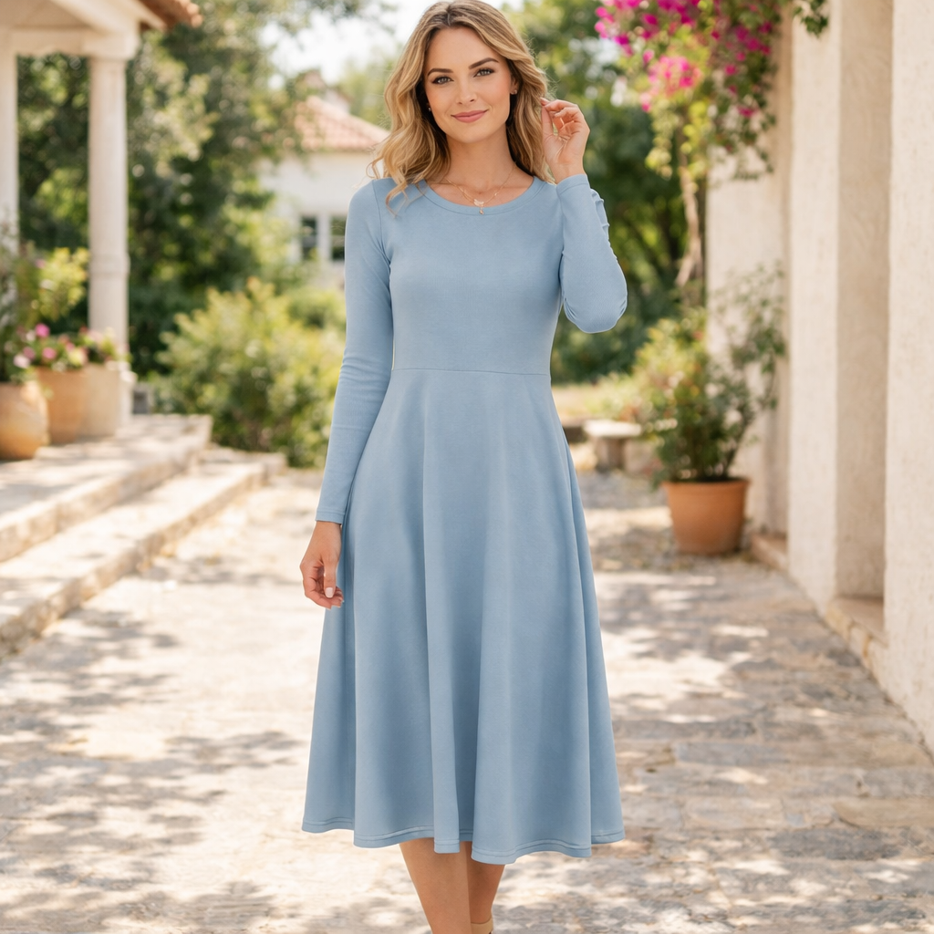 Himmelblaues Midikleid mit langen Ärmeln – Elegantes Damenkleid in Uni, tailliert, zeitloses Kleid mit Taschen