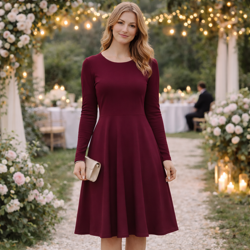 Midi Kleid Bordeaux | Elegantes Damenkleid in Uni | Festliches Midi Kleid | Kleid für Hochzeitsgäste | Zeitloses Abendkleid