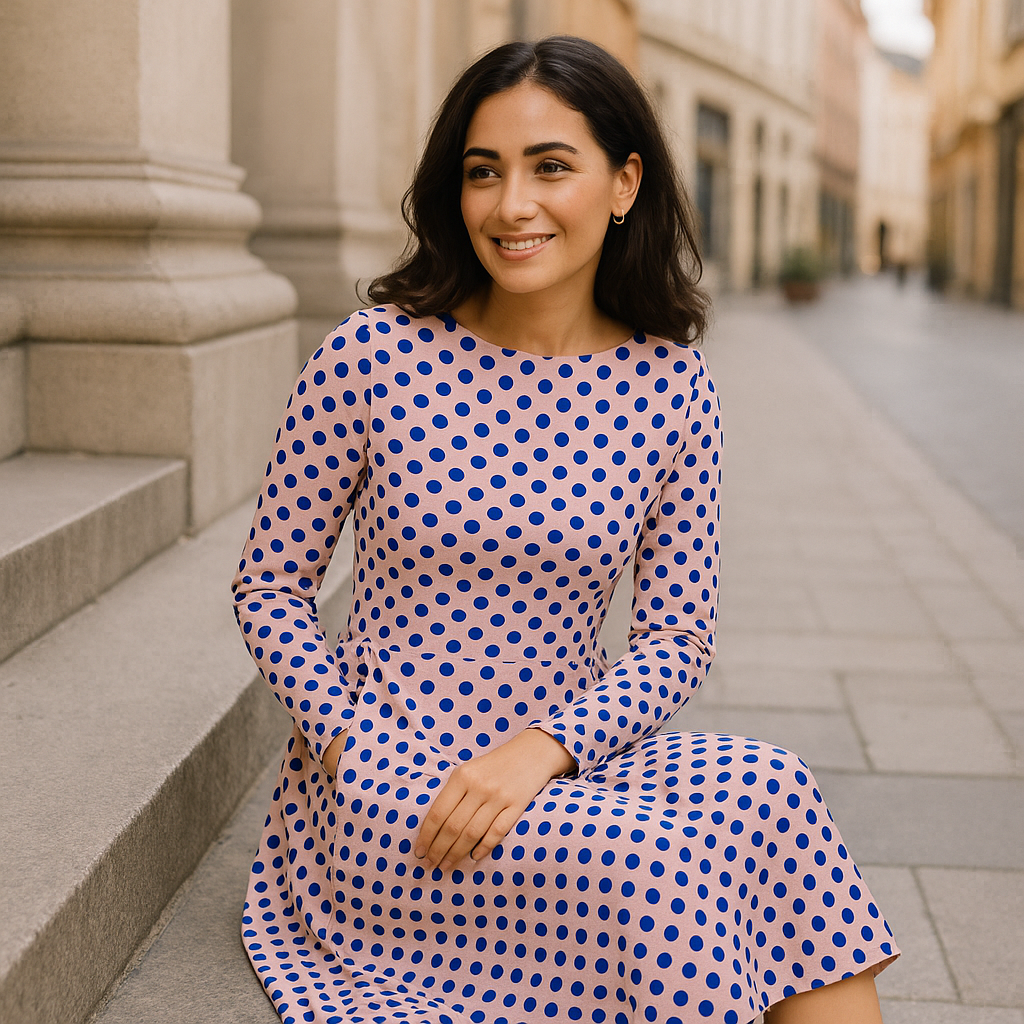 Midi Kleid mit kobaltblauen Polka Dots auf Roségrund | Verspieltes Retro Langarmkleid mit Taschen