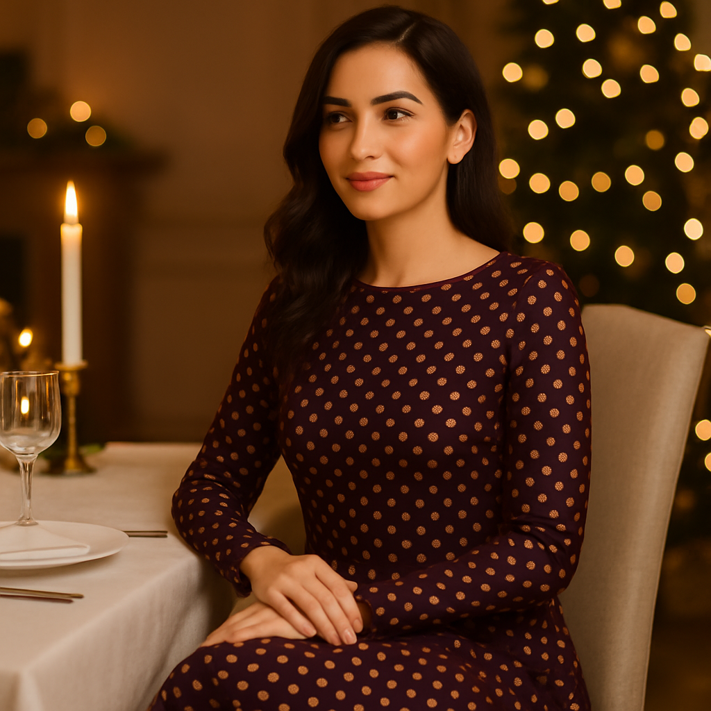 Midi Kleid mit goldenen Punkten auf Purpur | Edles Langarmkleid im Retro-Stil