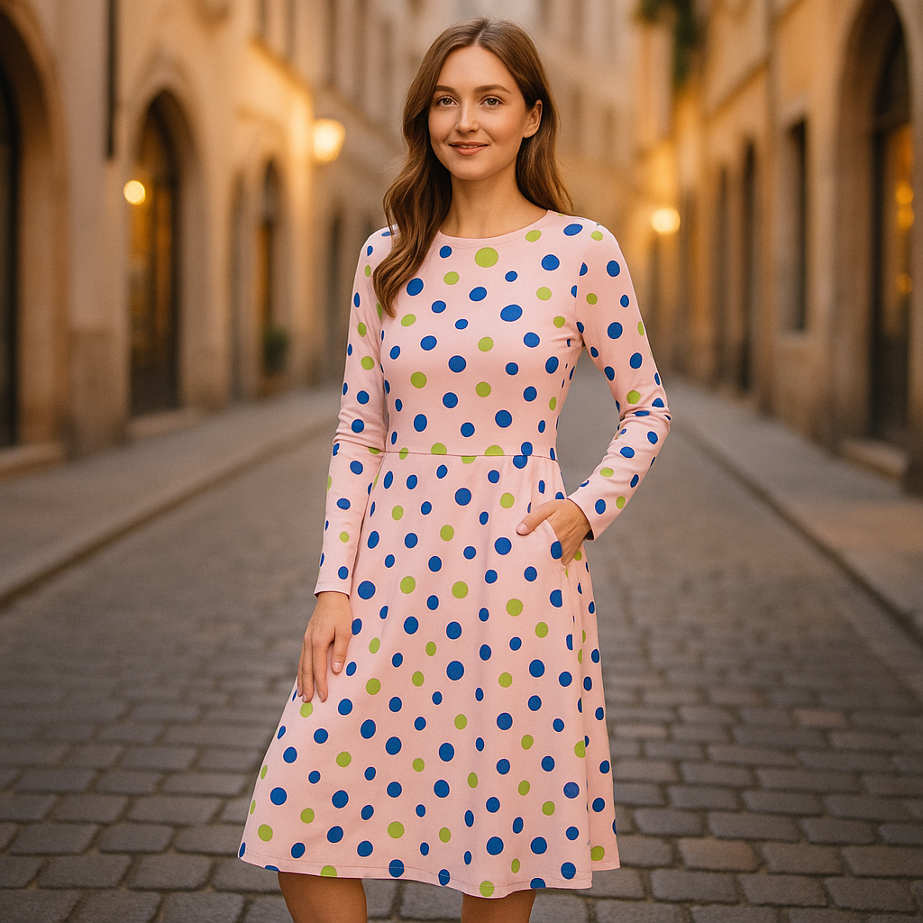 Midi Kleid mit blauen und grünen Polka Dots auf Rosa | Verspieltes Retro Kleid mit Taschen | Feminines Langarmkleid in Pastellfarben