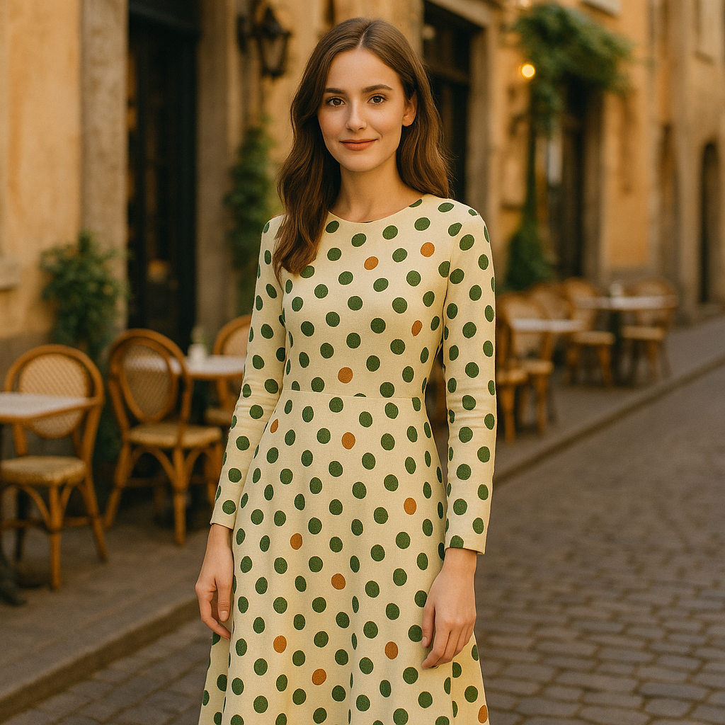 Midi Kleid mit grünen und terrakottafarbenen Punkten | Natürliches Polka Dot Kleid mit Taschen | Aquarell-inspiriertes Langarmkleid
