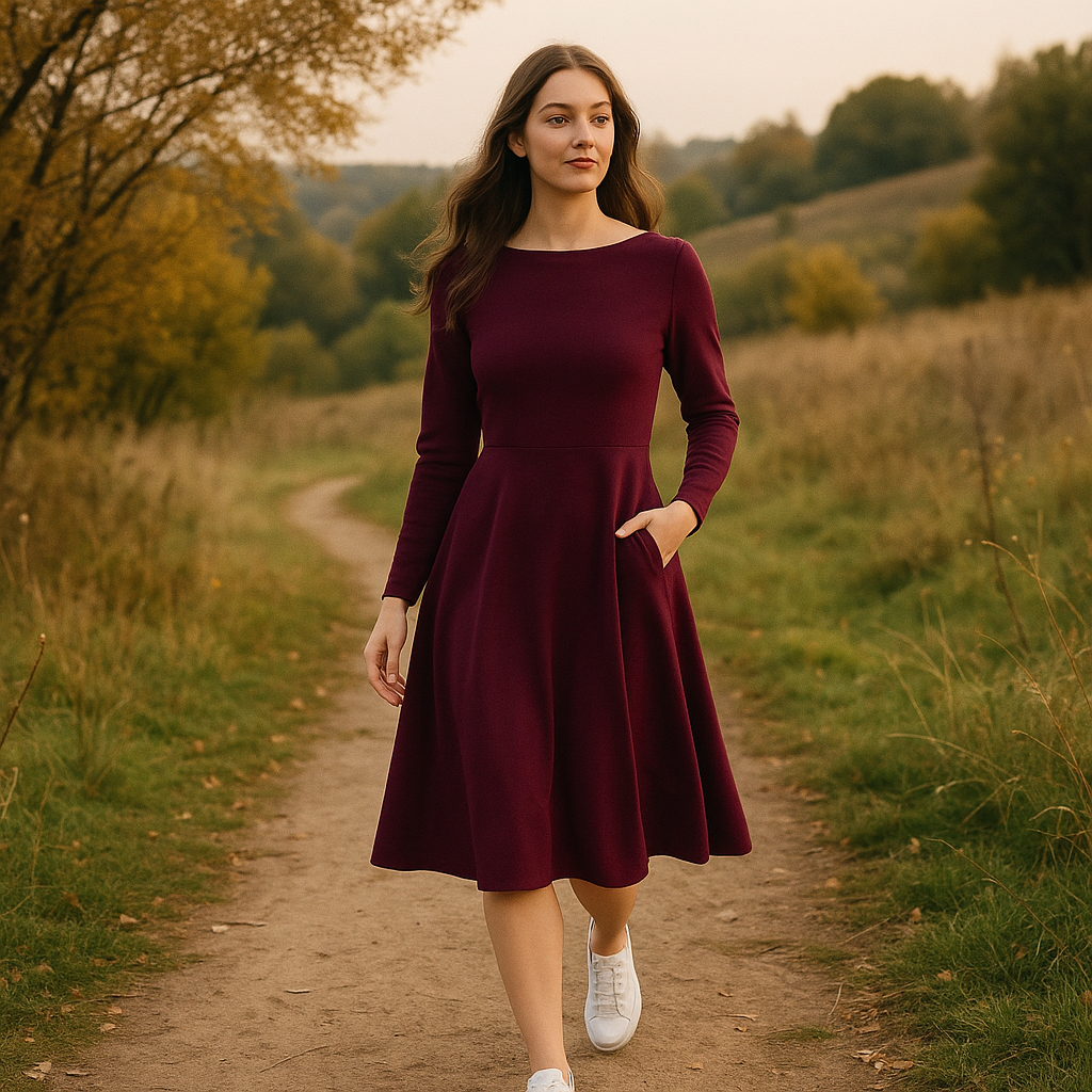 Elegantes Midikleid in Pflaume – Langarm, knielang, casual & festlich – Damen Kleid mit Taschen