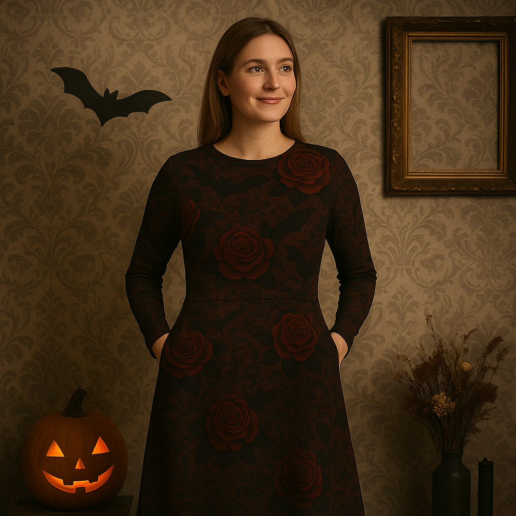 Halloween Midi-Kleid mit Rosen und Fledermäusen – Langarm, mit Taschen