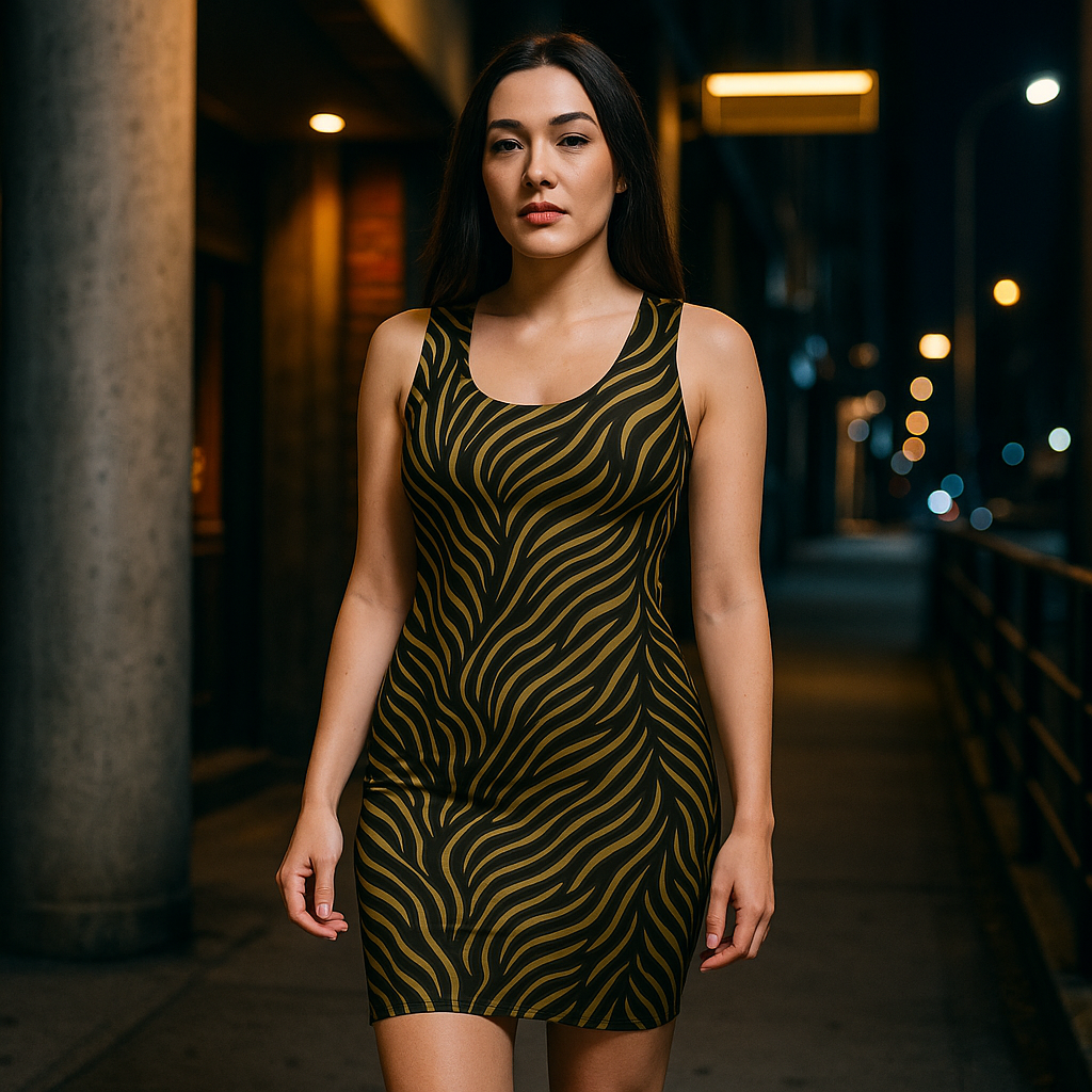 Bodycon Kleid mit gold-schwarzem Zebra-Muster – Wild & Elegant