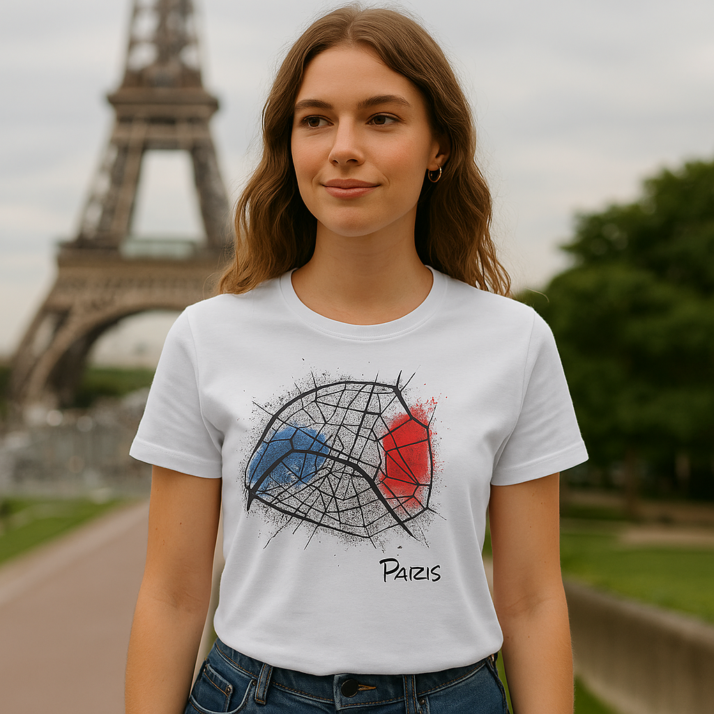 Paris Stadtkarte T-Shirt für Damen – Abstraktes Design mit französischer Flagge, Streetwear Kunstshirt