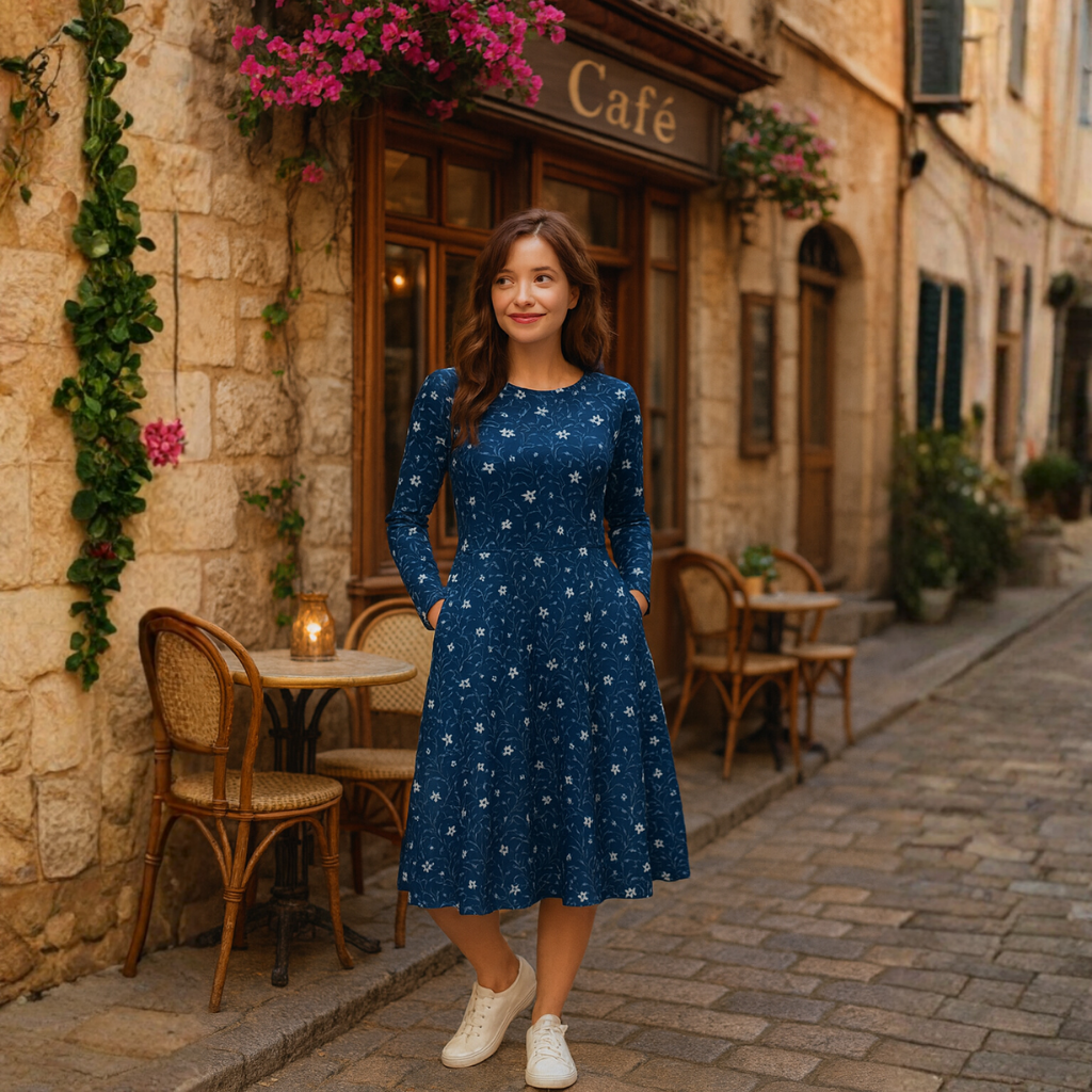 Midi Kleid mit zartem floralem Muster in Navyblau | Elegantes Langarmkleid mit Blumen | Feminines A-Linien Kleid mit Taschen