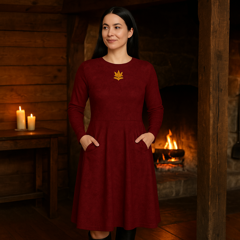 Bordeaux Midi Kleid – elegantes Herbst- & Winterkleid, lange Ärmel & Taschen