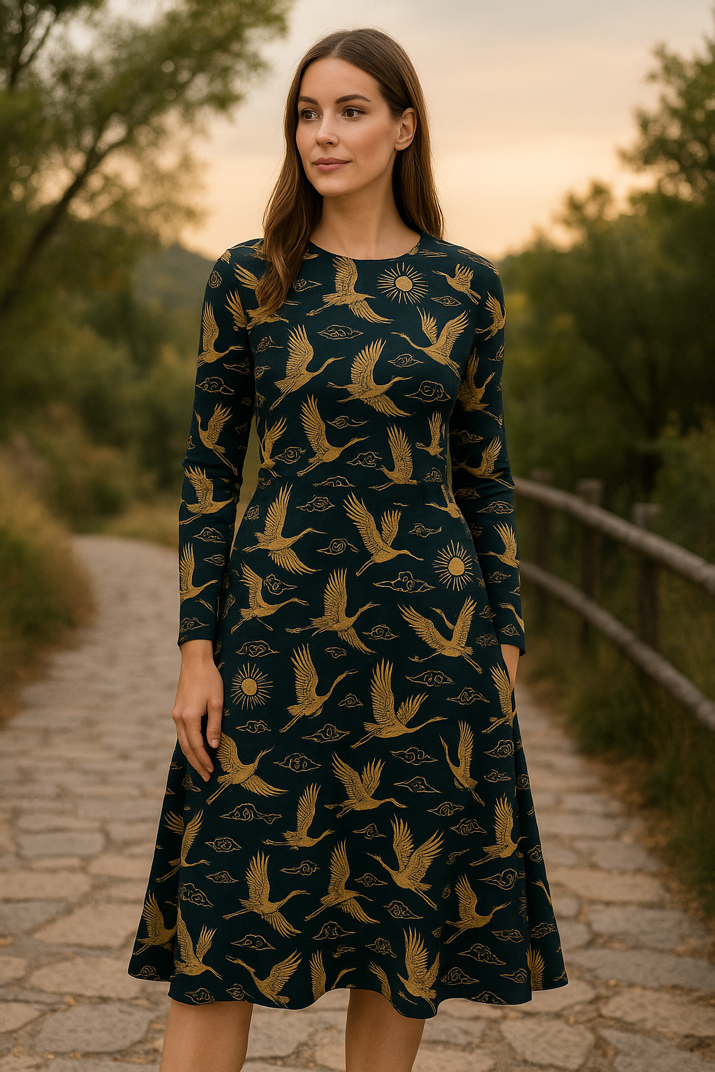 Elegantes Kranich-Kleid – Goldene Vögel auf Nachtblau, Midi-Länge mit Taschen & langen Ärmeln