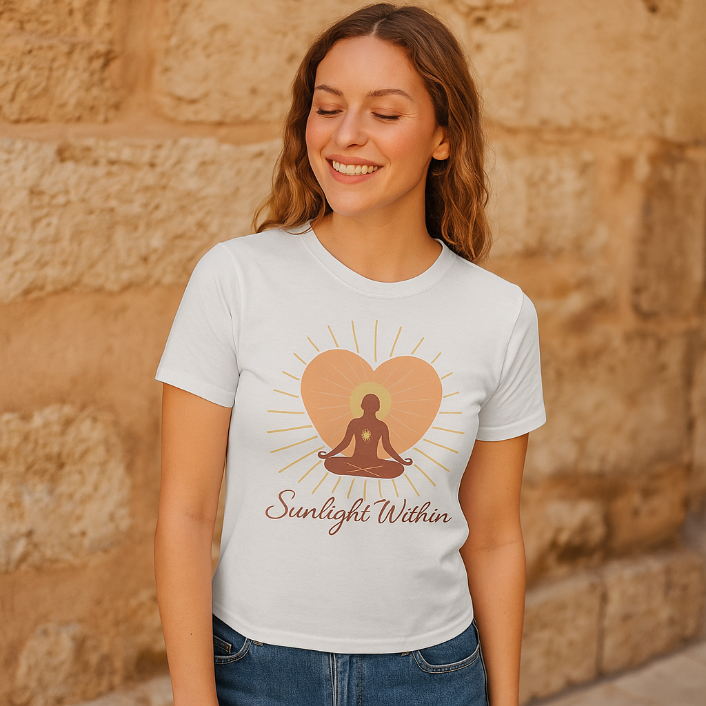 Strahlendes T-Shirt für Damen „Sunlight Within“ – Yoga Design für innere Stärke