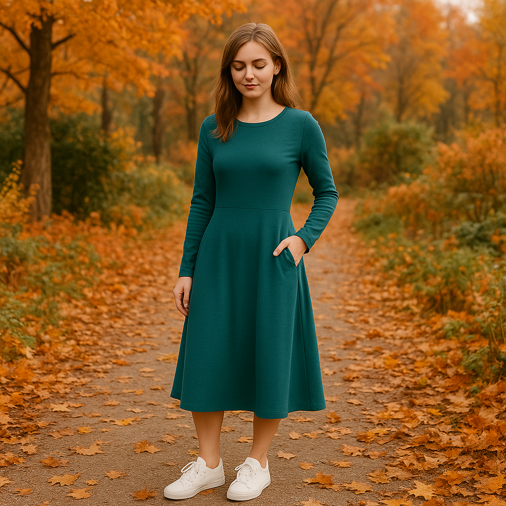 Midi Kleid in Deep Petrol | Elegantes Langarmkleid mit Taschen | Figurfreundliches A-Linien Kleid