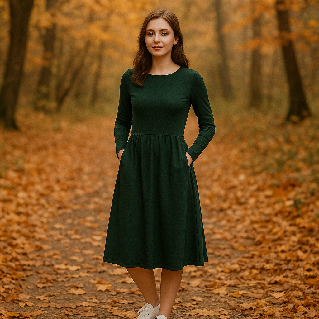 Midi Kleid in Deep Green | Elegantes Langarmkleid mit Taschen | Figurfreundliches A-Linien Kleid