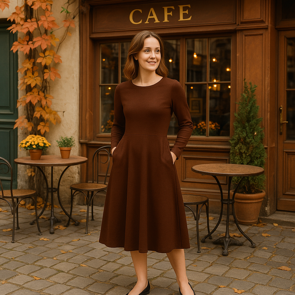 Midi Kleid in Chocolate Brown | Elegantes Langarmkleid mit Taschen | Figurfreundliches A-Linien Kleid