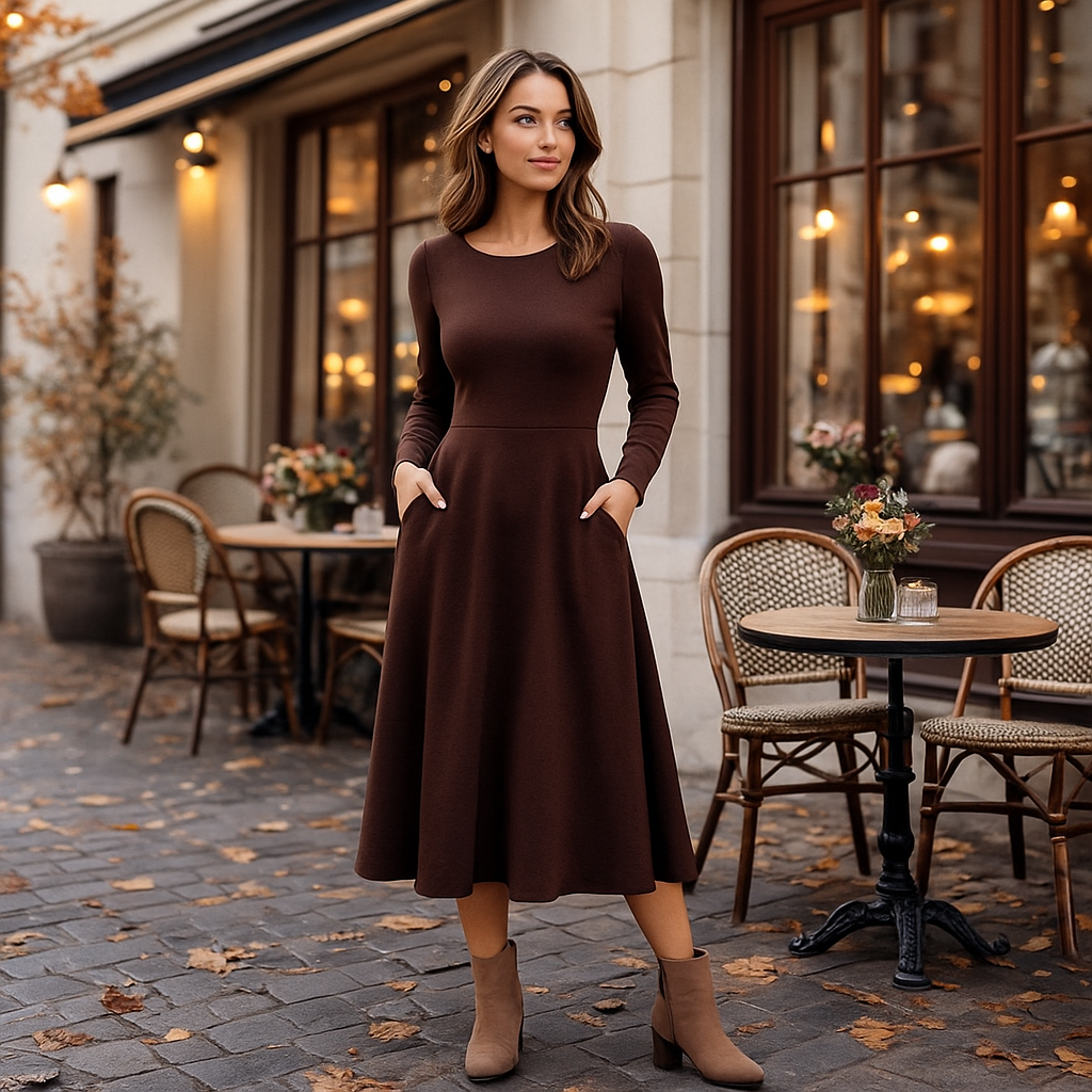 Midi Kleid in Mocha Espresso | Elegantes Langarmkleid mit Taschen | Figurfreundliches A-Linien Kleid