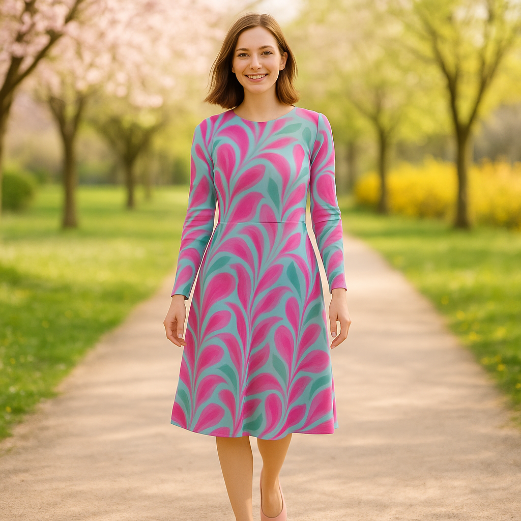 Künstlerisches Kleid in Fuchsia & Mint | Langarm Midikleid mit abstraktem floralen Muster | Feminines Statement-Kleid