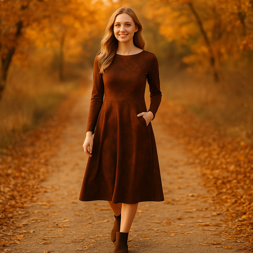 Rostfarbenes Midikleid Damen | Herbstkleid mit Textur-Optik | Warmes Langarmkleid für Herbst & Winter