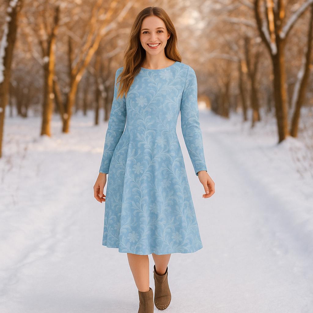 Winterkleid mit Eisblumen-Muster | Langarm Midikleid in Hellblau | Elegantes Kleid für Herbst & Winter