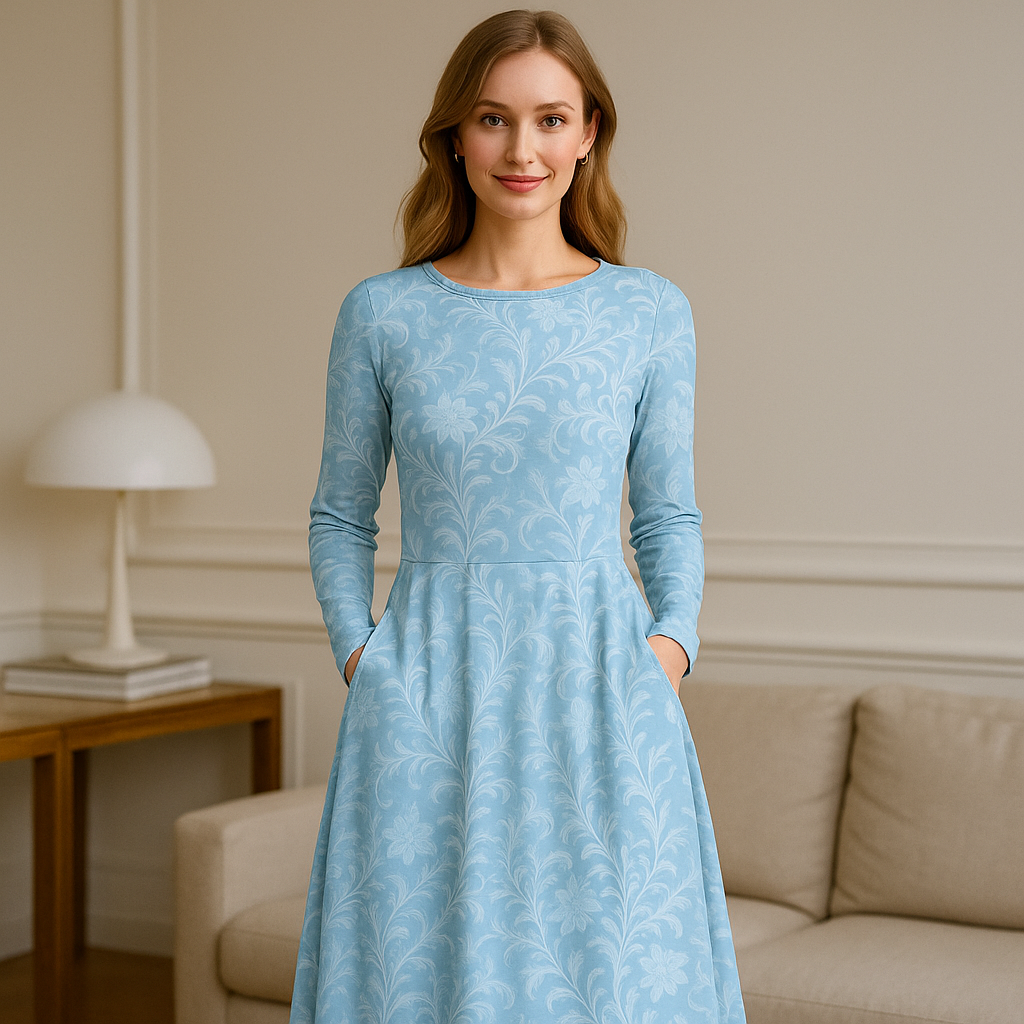 Winterkleid mit Eisblumen-Muster | Langarm Midikleid in Hellblau | Elegantes Kleid für Herbst & Winter