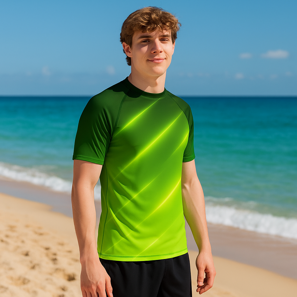 Kurzarm Rash Guard „Green Light Stripes“ – Sportshirt für Jugendliche & Erwachsene